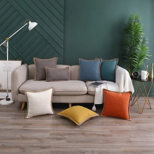 Linen Farmhouse Cushion Cover 45x45cm Hemp Rope Edging Cotton& Linen Pillowcase  Living Room Sofa Decorative