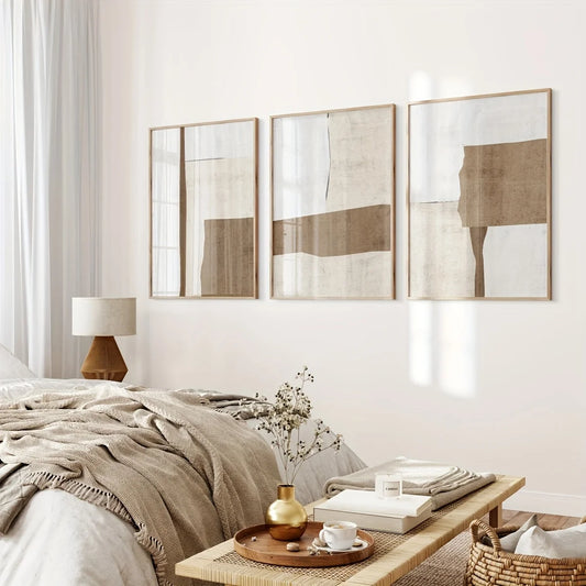 Modern Abstract Geometric Canvas Art Prints Set of 3, Art Deco Minimalist Beige Brown Wall Art Poster, Spring Summer Decor for B