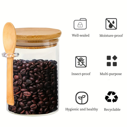 18oz Airtight Glass Jars With Lids And Spoons, Candy Jars With Lids, Clear Spice Jars, Small Food Storage Containers