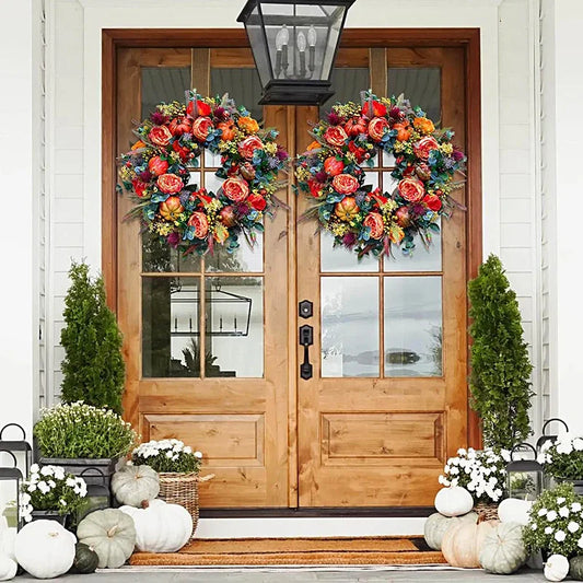 Artificial Autumn Wreath Garland Simulation Rose Fall Pumpkin Wreath Festival Theme for Thanksgiving Christmas Decoration 2023