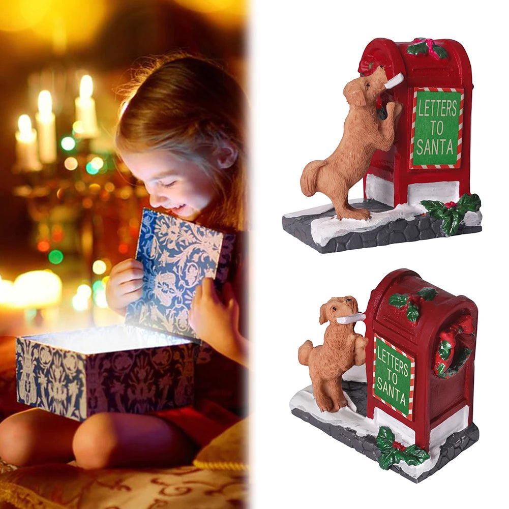 Santa Mailbox Villages Sets Santa Mailbox with Little Dog Sculpture Tabletop Christmas Mailbox Figurine for Christmas Decoration