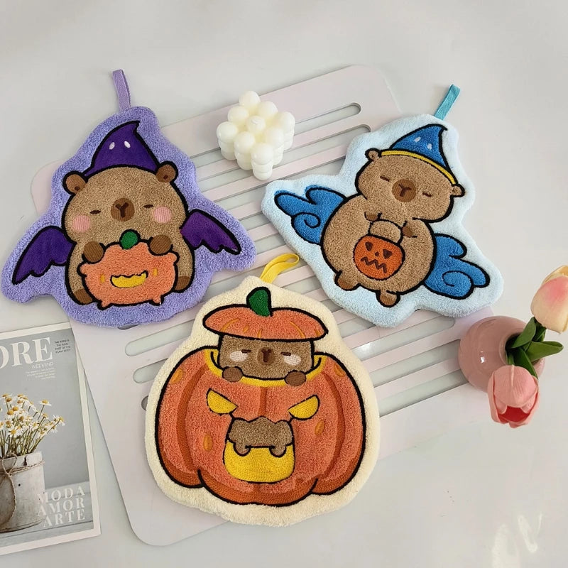 Cute Capybara Hand Towel Halloween Absorbent Towels Cartoon Kitchen Hanging Towel Handwashing Quick Drying Towels Bathroom