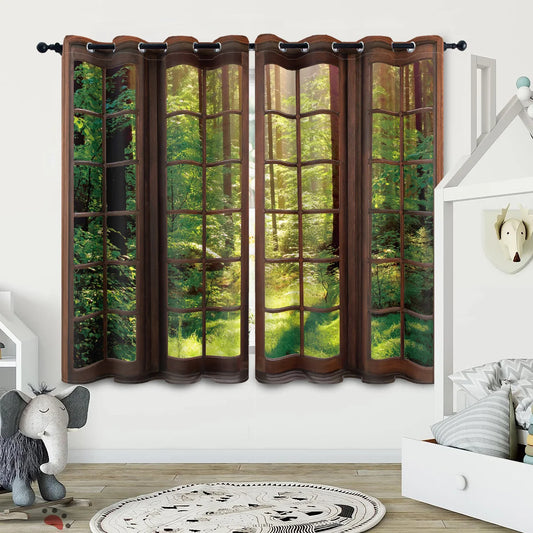 2pcs Imitation wooden window outdoor forest pattern printed curtains, suitable for living room, bedroom, office, sliding window