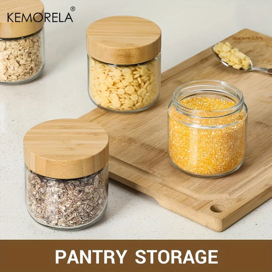KEMORELA 2/4PCS Glass jars 290/470ML with Airtight Lids Overnight Oats Containers with Bamboo Lids Wide mouth Mason Salad jar