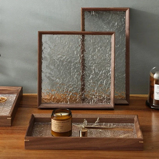 Wooden Glass Food Tray Tea Tray Walnut Storage Tray Restaurant Kitchen Accessories Fruit Snack Dessert Decoration Tray