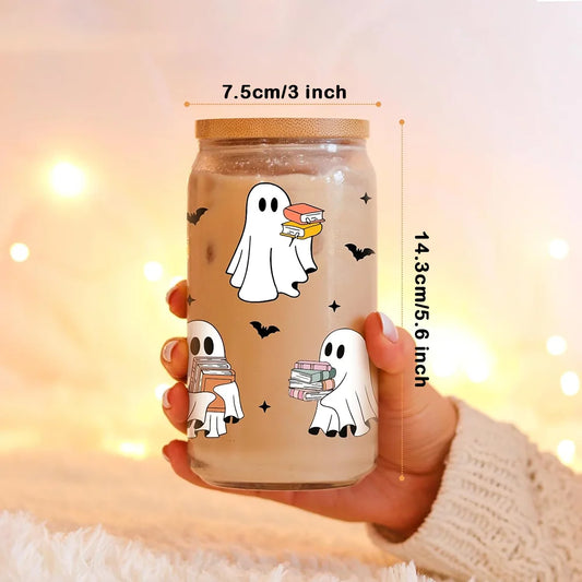 1Pcs Cute Ghost Water Cup Halloween Gift for Book Lovers Iced Coffee Tumbler Cup W/Lid Straw Table Accessories Librarian Gift
