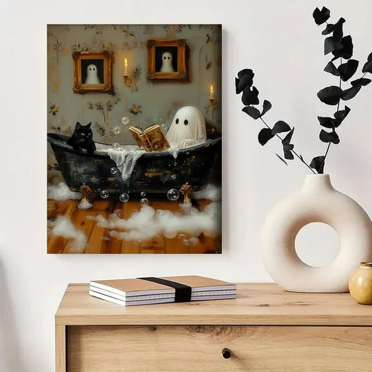 Framed Black Cat Ghost Reading Book in Bathtub Posters Spooky Halloween Decorative Canvas Painting Bathroom Wall Art Room Decor