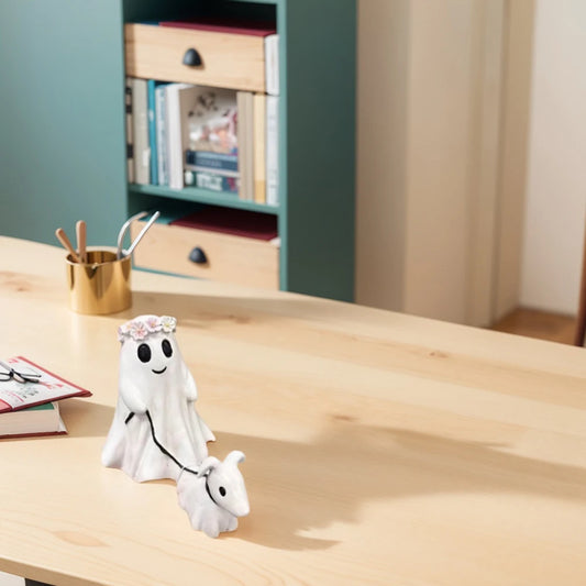 Halloween Cute Ghost Walking Dog Ornament Resin Ghost Walking Dog Figurine Creative Ghost Walking Dog Sculpture Home Decoration