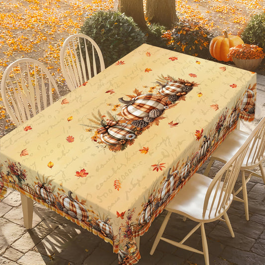 1 Piece Thanksgiving Round and Rectangular Tablecloth, Various Sizes, Autum Pumpkin Wheat Ear Orange Plaid Tablecloth, Table Cover for Home Kitchen, Terrace, Gift