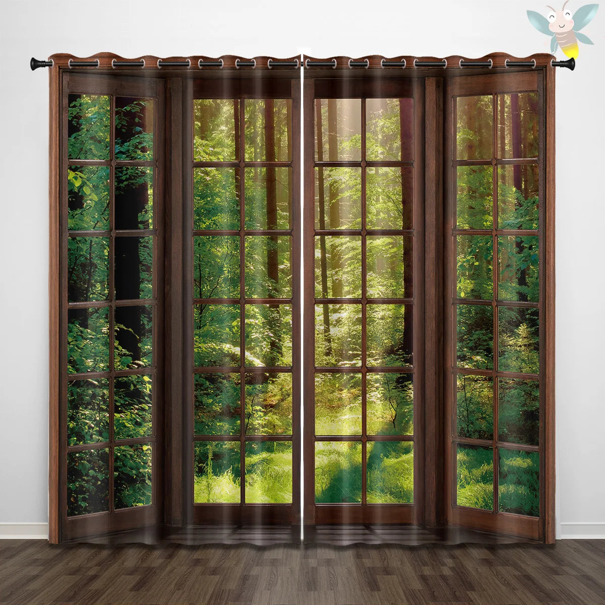 2pcs Imitation wooden window outdoor forest pattern printed curtains, suitable for living room, bedroom, office, sliding window