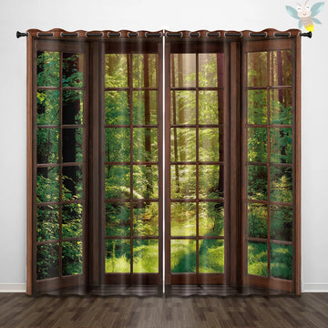 2pcs Imitation wooden window outdoor forest pattern printed curtains, suitable for living room, bedroom, office, sliding window