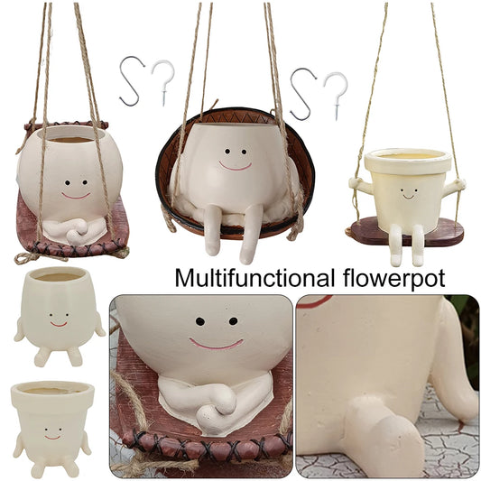 Hanging Hammock Planter Resin Swing Smile Face Planter Creative Cute Plant Succulent Pots for Indoor Outdoor Plant