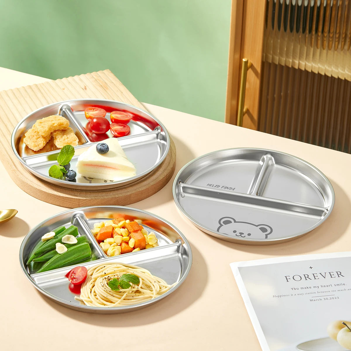 WORTHBUY 304 Stainless Steel Divided Food Plate Dish Salad Barbecue Plate Stackable Breakfast Plate Dishwasher Safe Tableware
