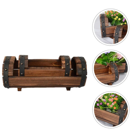2Pcs Wood Flower Pot Set Half Barrel Planter Outdoor Decorative Barrel Gardening Supplies Natural Timber Plants Container Retro