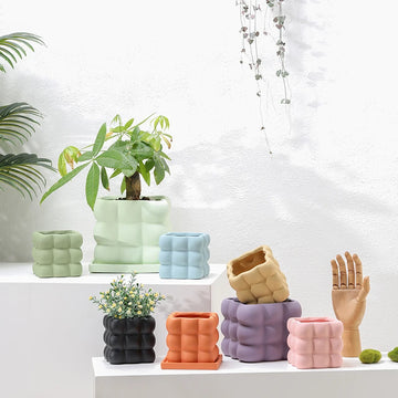 Nordic Nine Square Checkered Ball Square Ceramic Flower Pot Perforated with Tray Plant Potted Flower Vase Indoor Garden Decor