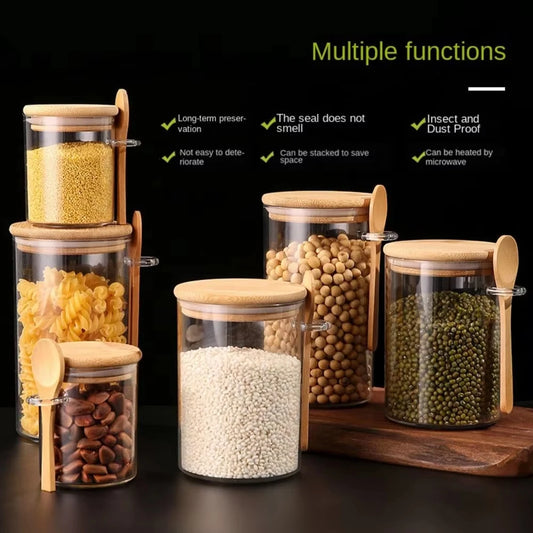 200/550/700ML Airtight Spice Jars with Lids Spoons Transparent Food Storage Containers Kitchen Organizer Pantry Supplies