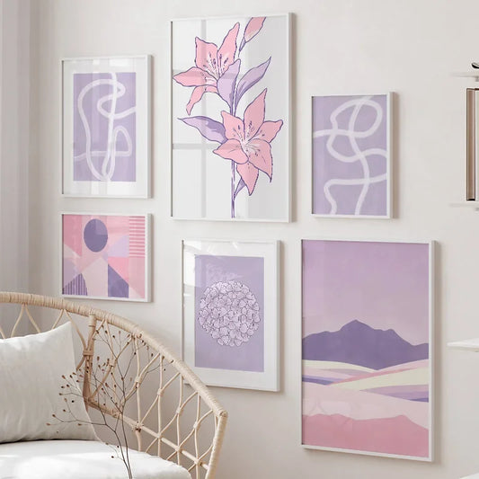 Purple Minimalist Line Color Block Shapes Wall Art Nordic Posters Prints Abstract Pictures For Living Room Decor Canvas Painting