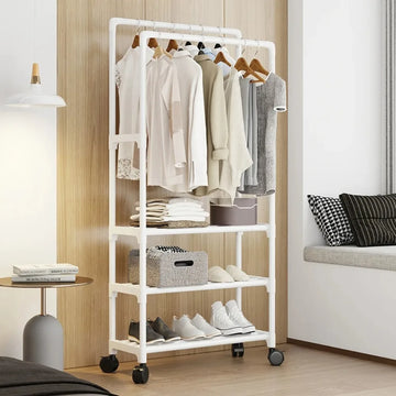 Clothes Rack Standing Wheels Double Pole Storage Easy To Install Hall Furniture Bedroom Storage Shelves Coat Rack With Shelves