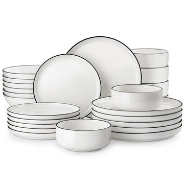 MALACASA 24/48Piece Ceramic Plates Black Rim Porcelain Dinnerware Set  6/12 Pcs Dinner/Soup/Dessert Plates/Bowl Service for 6/12