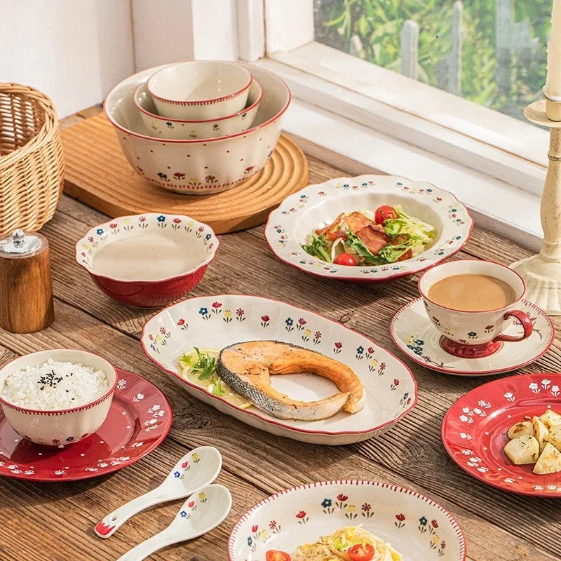 Pattern Soup Bowl Salad Bowl Dish Oval Plate Pastoral Style Dinnerware Table Decoration Kitchen Gadgets Ceramic Tableware