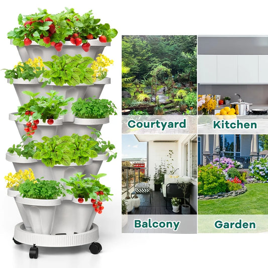 5-layer stackable vase with movable wheels and vertical gardening seeder for planting flowers, strawberries, and vegetables