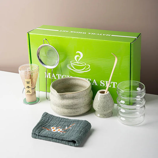 BespritGift Japanese Matcha Set 7pc Glass Cup Ceramic Bowl 100Prong Whisk Tea Scoop Ceremony Tools Complete Kit Gift Box