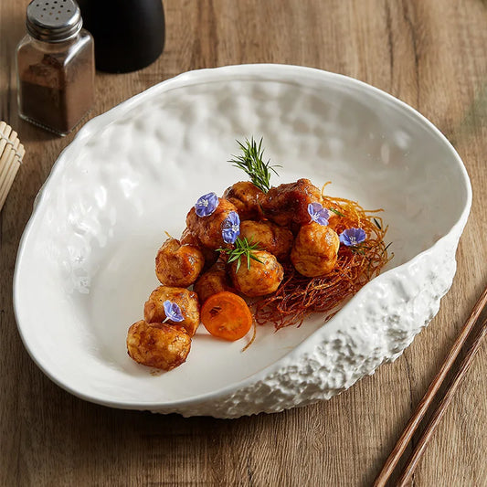 Rock Pattern Shell High-end Plate Household Ceramic Light Luxury Steamed Fish Soup Plate Hotel Tableware