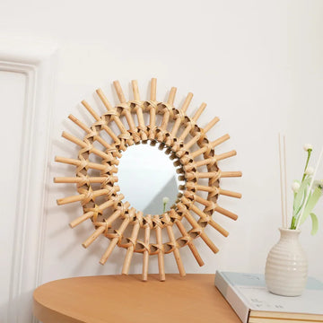 Boho Rattan Wall Mirror, Handmade Woven Sunburst Wall Art, Rustic Round Decorative Mirrors for Living Room Bedroom Home Decor