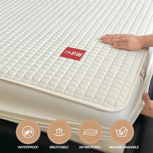 Waterproof Mattress Cover, Anti-Mite Mattress Protector - Hypoallergenic & Antibacterial, 100% Cotton Top Layer (30cm Deep)