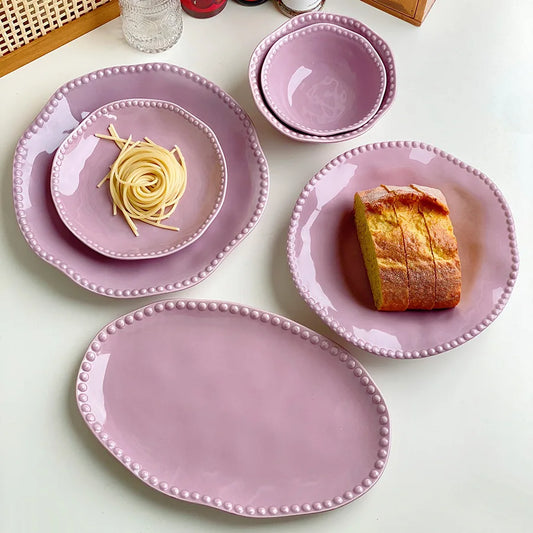 Taro Color French Wavy Lace Ceramic Tableware Rice Bowl Round Plate Soup Bowl Vegetable Plate Household Tableware Optional
