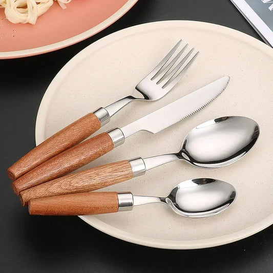 4pcs Wooden Handle Cutlery Set – Stainless Steel Knife, Fork, Spoon & Teaspoon | NaturalBuiltHome
