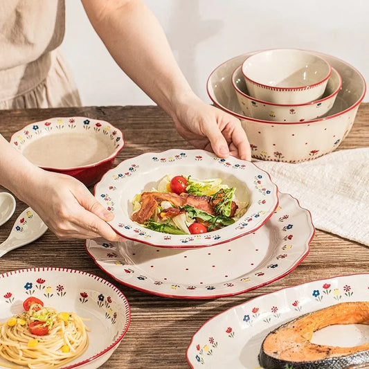 Pattern Soup Bowl Salad Bowl Dish Oval Plate Pastoral Style Dinnerware Table Decoration Kitchen Gadgets Ceramic Tableware