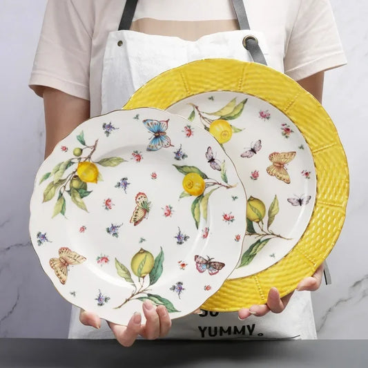 Europeanc Style Ceramic Dining Plate Elegant Lemon Pattern Dinner Steak Plate Coffee Cup Set Western Cuisine Dessert Plate