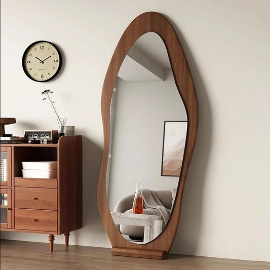 Wavy Decoration Mirror Art Standing Full Body Girls Bedroom Mirror Floor Wooden Vintage Asymmetrical Espelhos Home Decorations