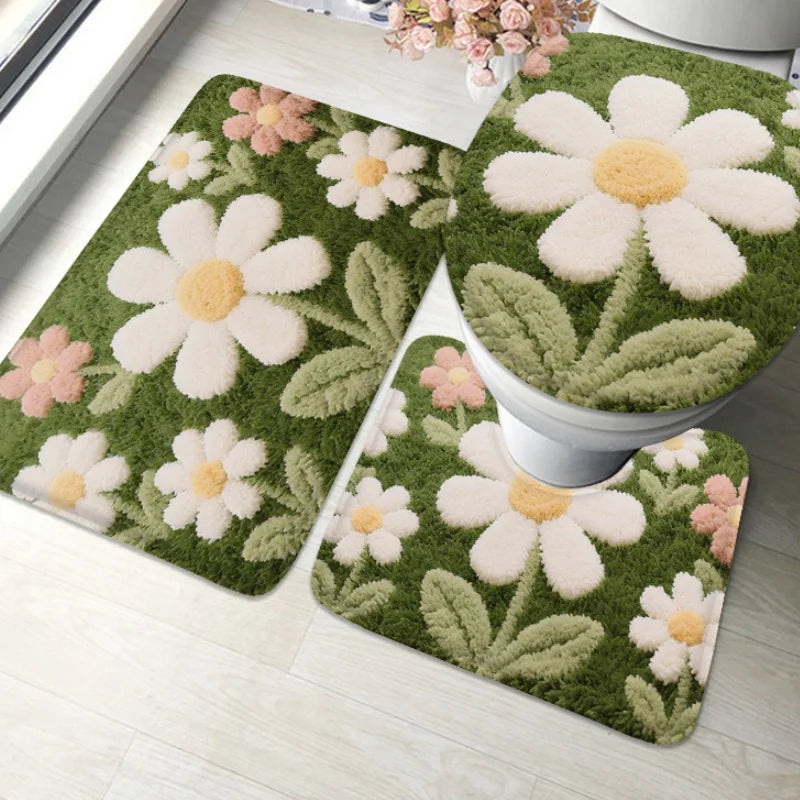 3pcs flower flannel carpet, bathroom door pad, bathroom anti slip pad, U-shaped toilet lid pad, bathtub absorbent foot pad