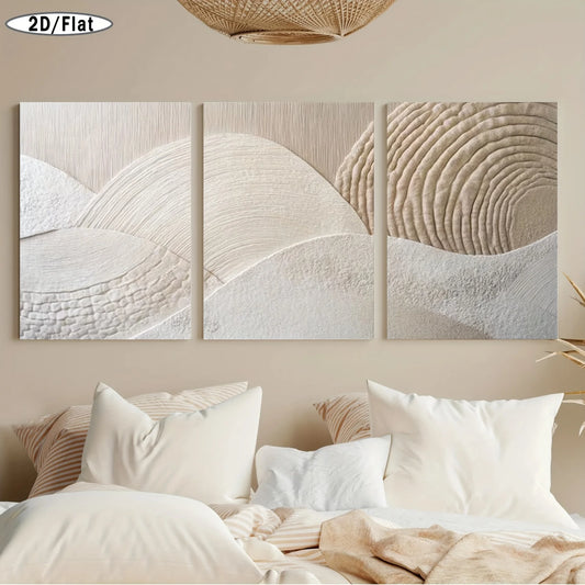 Modern Minimalist Beige, White, Gray & Brown Abstract Canvas Painting - Three Wooden Frame Wall Art with Flat Panel Design, Neut