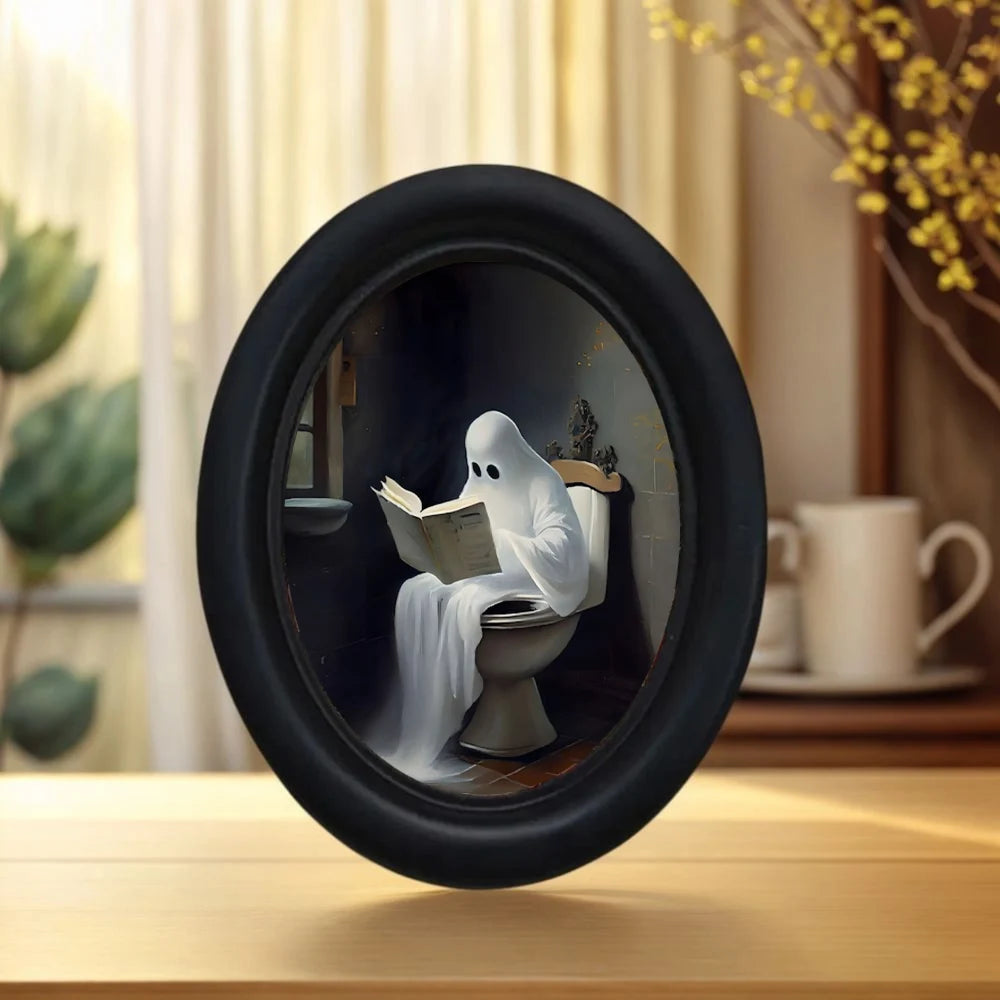 1 Piece of Retro Halloween Little Ghost Sitting on the Toilet Reading Decorative Mural - Handmade Oval Wooden Decorative Wall Art (525* 4.16inch), Oval Decoration, Halloween, Christmas, Thanksgiving Victoria Room Dark Decorat