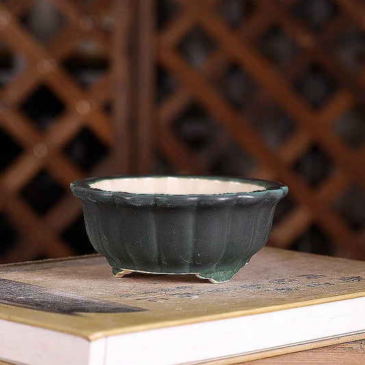 Round Glazed Bonsai Pot, Chinese Chrysanthemum Shape, Colorful, Green, Dormitory Table,Room and Garden Decoration