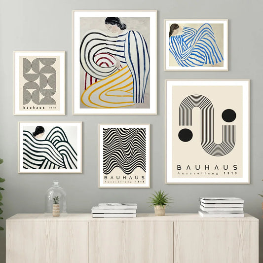 Abstract Stripe Line Woman Geometric Bauhaus Posters And Prints Minimalist Wall Art Canvas Painting Decor Pictures Living Room