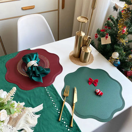 Inyahome Set of 1/4/6 Flower Shaped Waterproof Placemats for Dining Table PU Washable Table Mats Christmas Kitchen Accessories