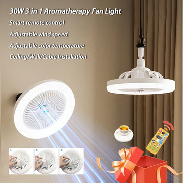 3 In 1 Aromatherapy Fan Light 30W E27 Ceiling Fan Lamp Remote Control Tri Color Lighting LED Fixed & Universal Head Wall Light