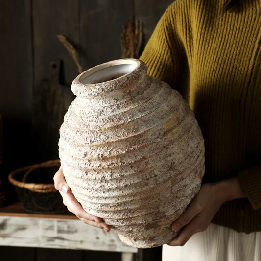 Retro Nostalgic Rough Clay Pottery Vase 21.5CM High Vasen Room Decoration Vases Vintage Handmade Style Home Decor Items