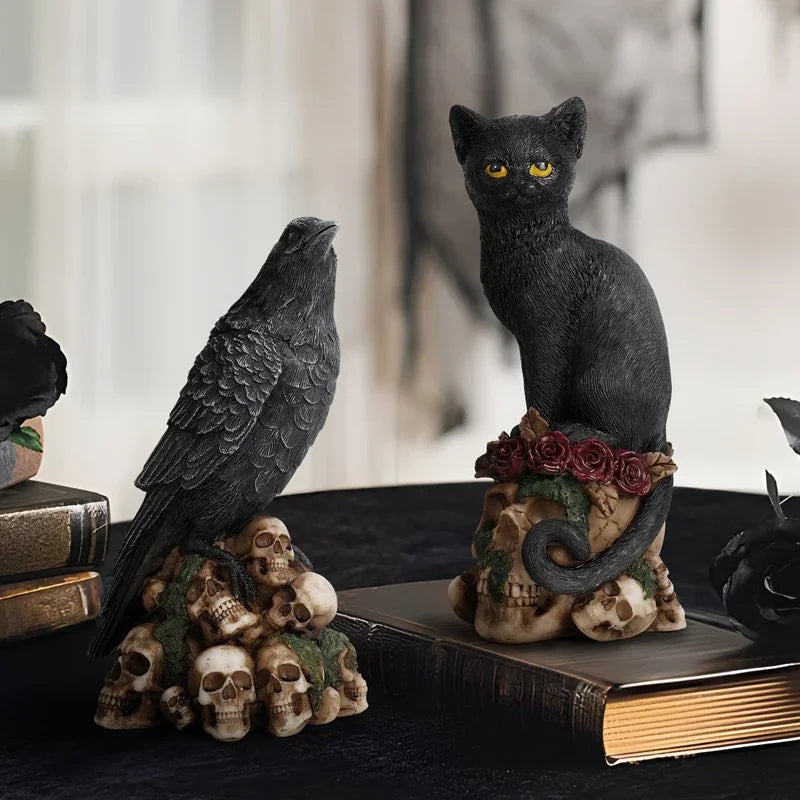 ERMAKOVA Resin Skull Head Sculpture Crow Black Cat Statue Figurine Creative Desktop Skull Figurine Home Office Decor Gift