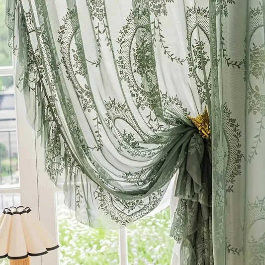 Ruffled Floral Sheer Jacquard Tulle Curtain Panel for Living Room Window Drapes Vintage Lace Voile Rod Pocket Home Decorative