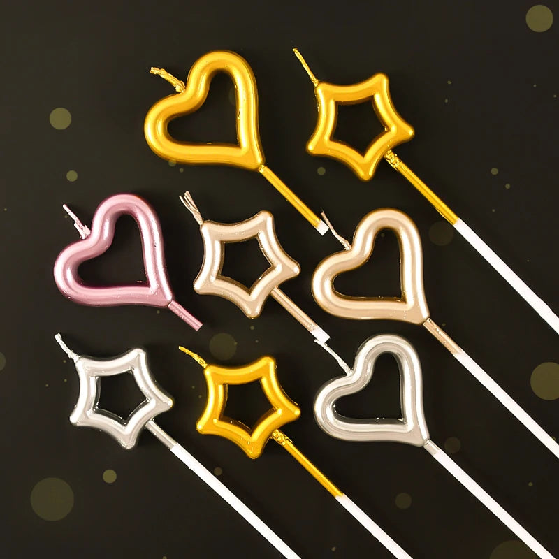 Star Heart Birthday Sparkler Candle Romantic Cake Decoration Birthday Cake Topper For Party Wedding Valentines Day Supplies Tool