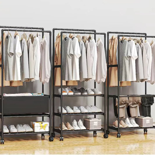 Movable Clothes Storage Rack Floor Hanger Stand Storage Wardrobe with Wheels Activity Hangers Wardrobe Coat Shelves Shoe Racks