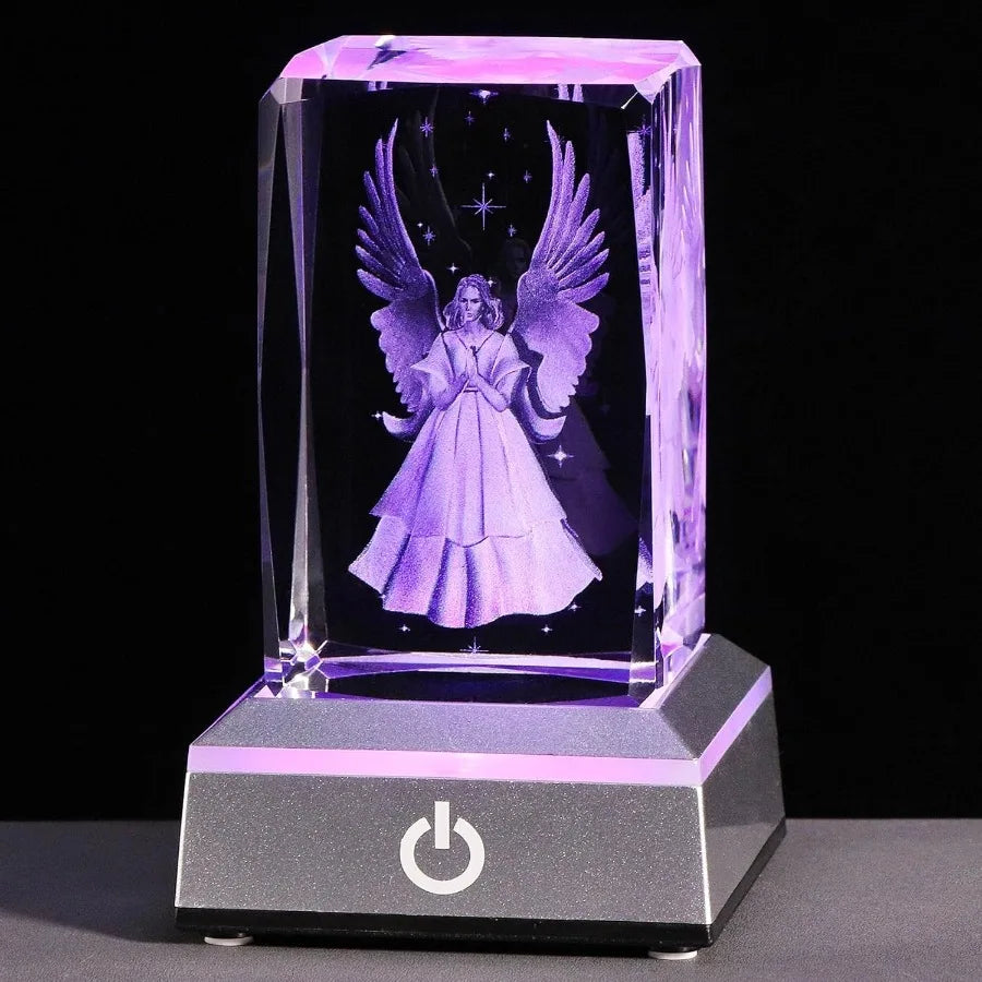 3D Crystal Guardian Angel Figurine with Colorful Light Base, Laser Engraved Glass Angel Gifts, Collectible Figurines Statues