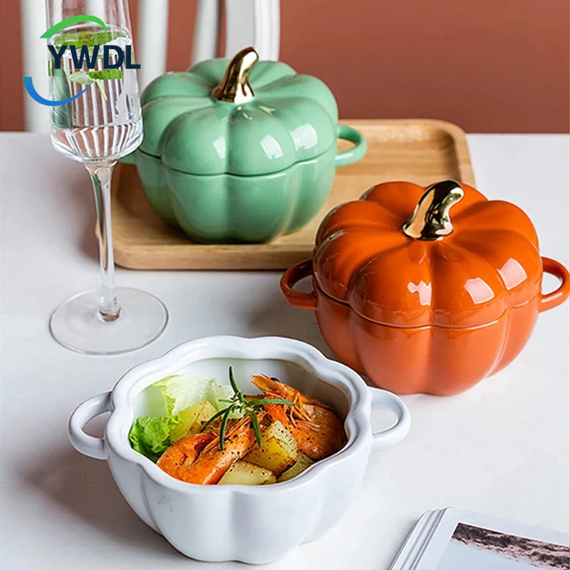 Pumpkin Shape Bowl With Lid Ceramic Soup Salad Cereal Bowl Bakeware Oven Baking Pan Kitchen Halloween Party Festival Decoration
