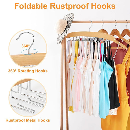 Wooden Underwear Hanger 360° Rotation Space Saving Camisole Storage Rack With 24 Hooks for Dress Tank Top Tie Closet Organizer