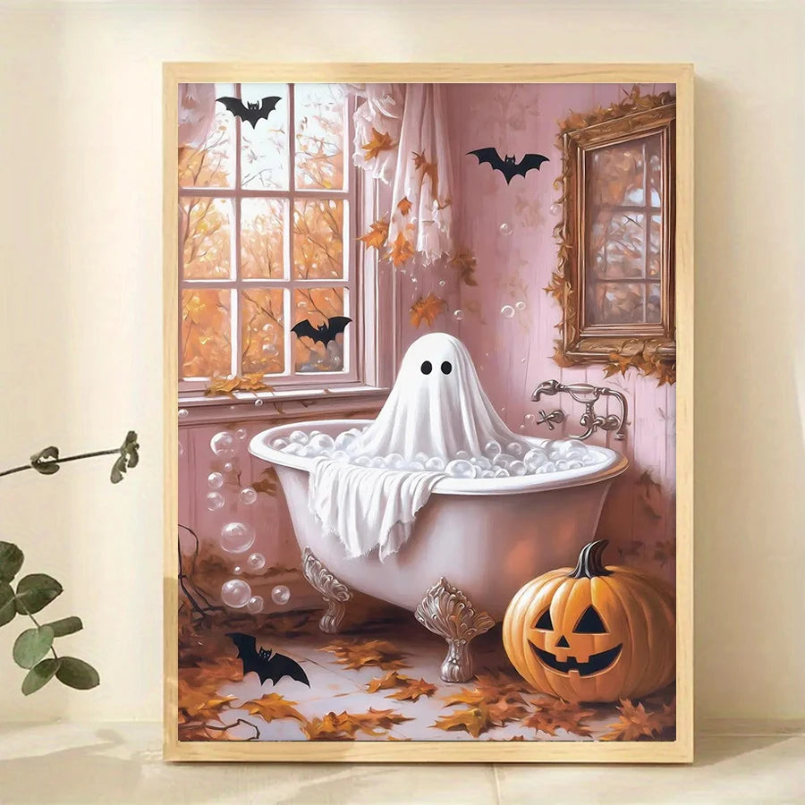 No Framed,Halloween Bathroom Posters, Ghost Spooky Print, Ghost Bathing Print, Halloween Wall Art, Spooky Poster, Wall arts Deco